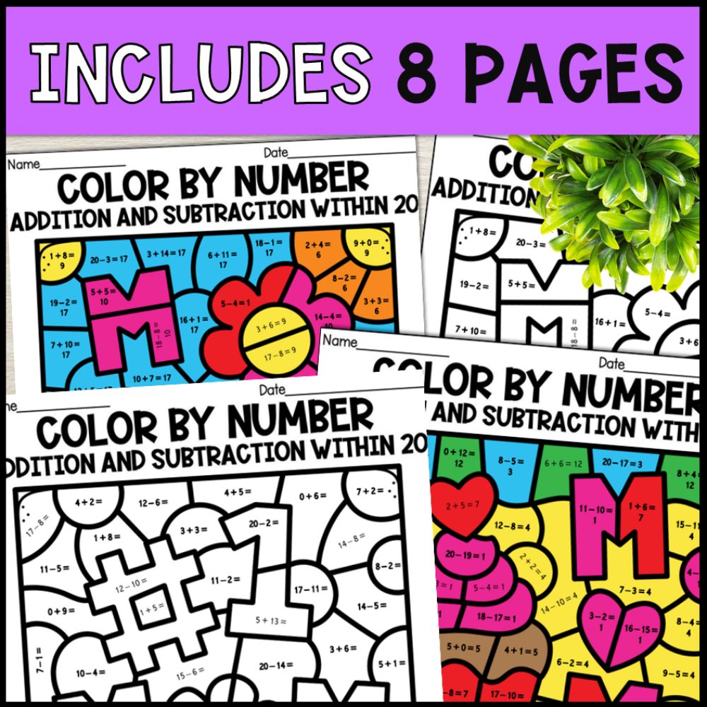 color by number addition and subtraction within 20 - mothers day 8 pages