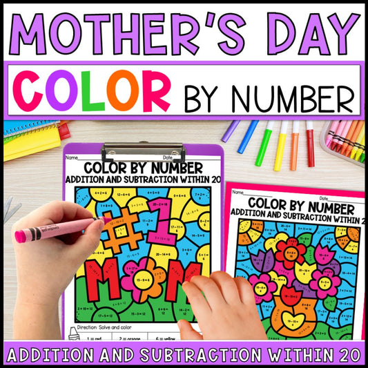 color by number addition and subtraction within 20 - mothers day cover