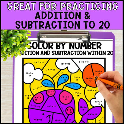 Color by Number Addition and Subtraction Within 20 - Ocean Theme