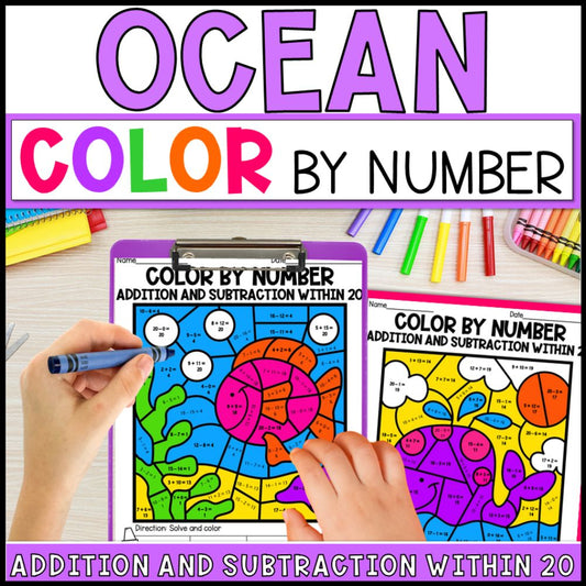 Color by Number Addition and Subtraction Within 20 - Ocean Theme