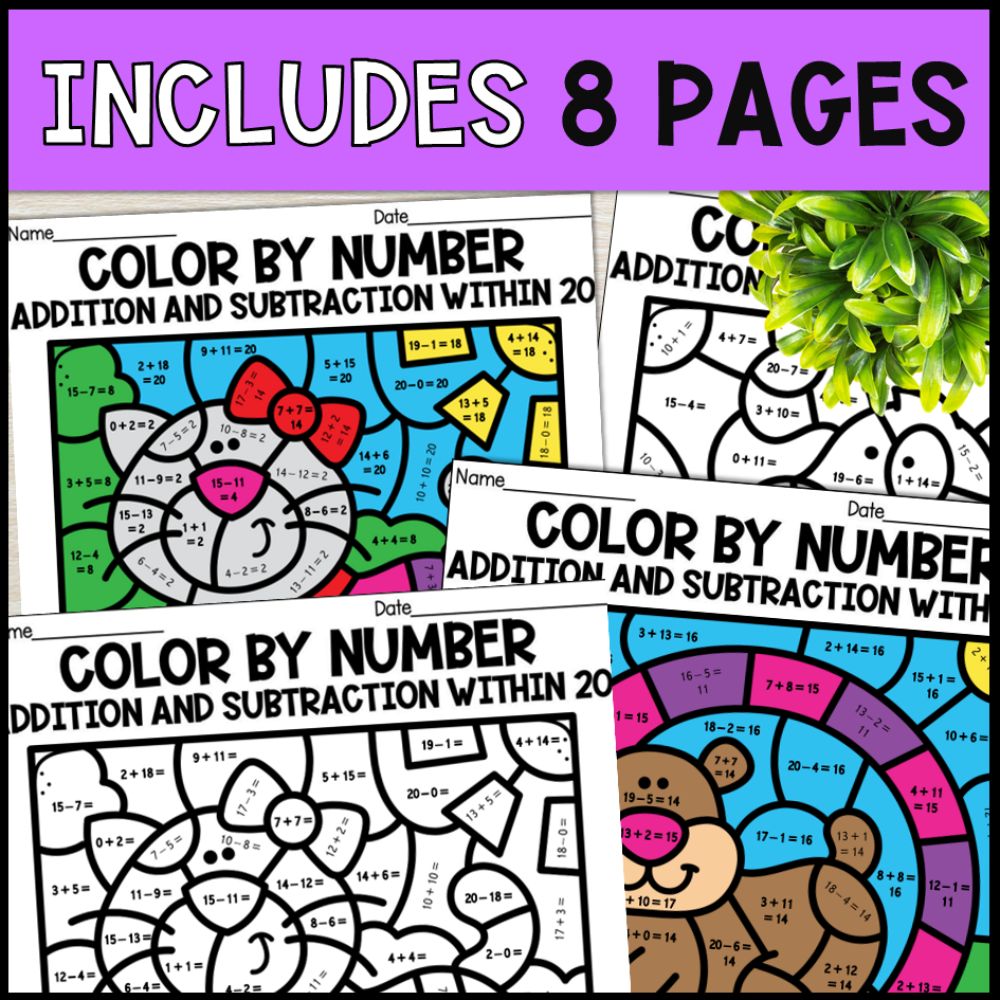Color by Number Addition and Subtraction Within 20 - Pets