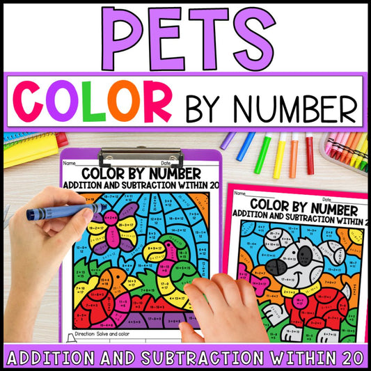 Color by Number Addition and Subtraction Within 20 - Pets