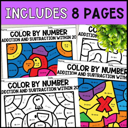 color by number addition and subtraction within 20 - pirate 8 pages
