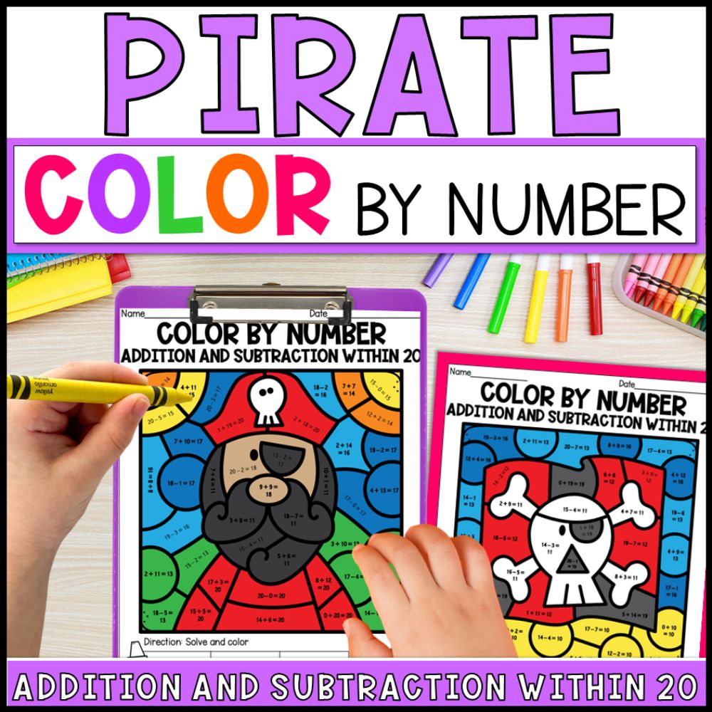 color by number addition and subtraction within 20 - pirate cover