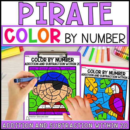 Color by Number Addition and Subtraction Within 20 - Pirate Theme