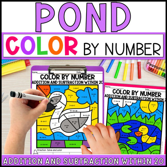 Color by Number Addition and Subtraction Within 20 - Pond
