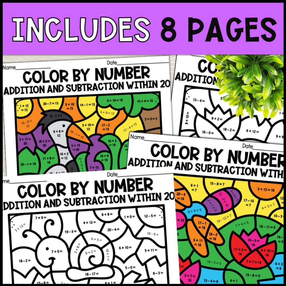 color by number addition and subtraction within 20 - pond theme 8 pages