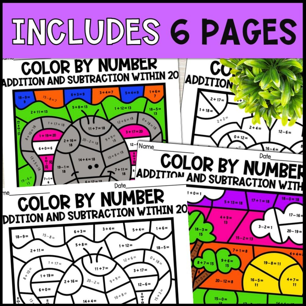 color by number addition and subtraction within 20 - safari 6 pages