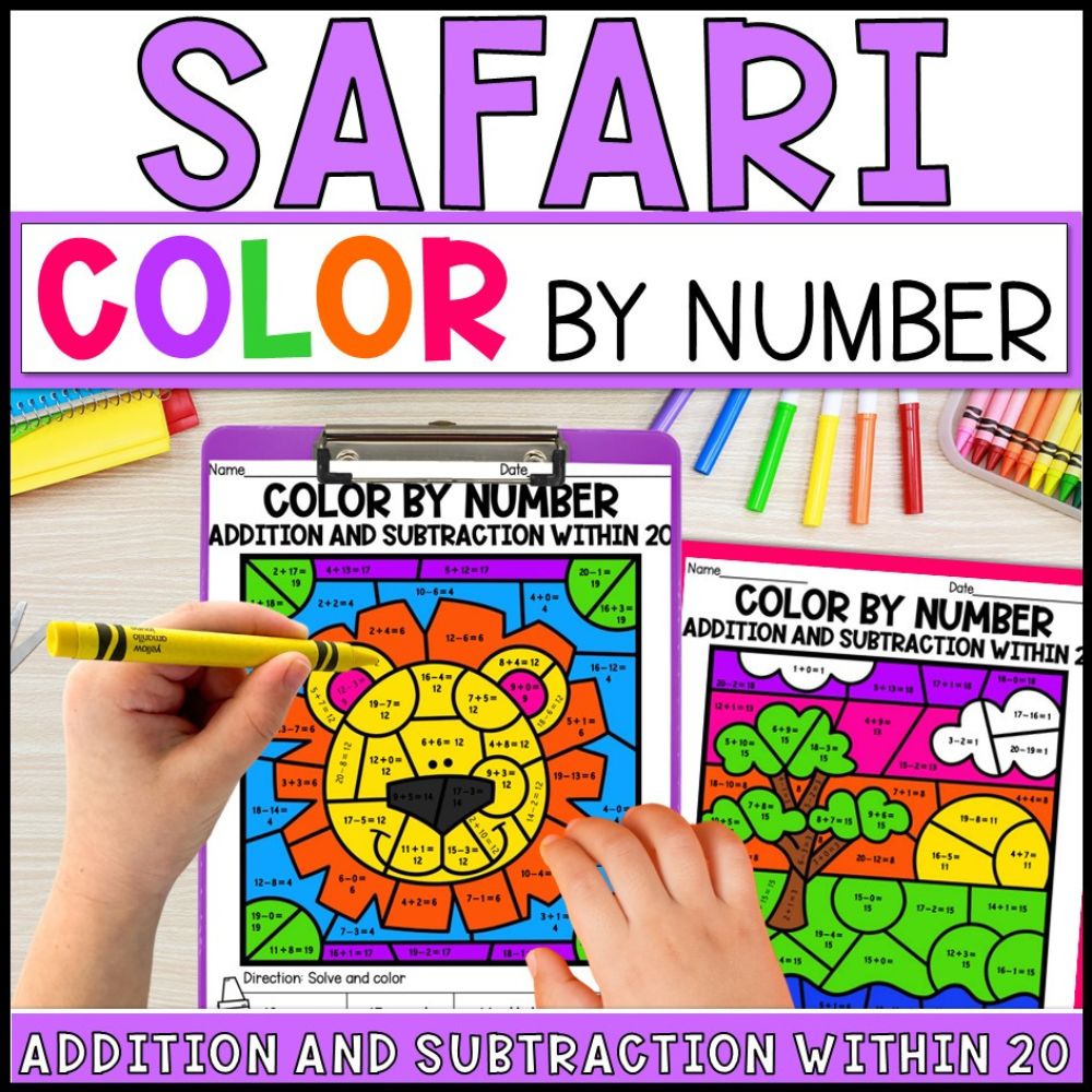 color by number addition and subtraction within 20 - safari cover