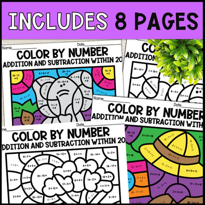 color by number addition and subtraction within 20 - safari theme 8 pages