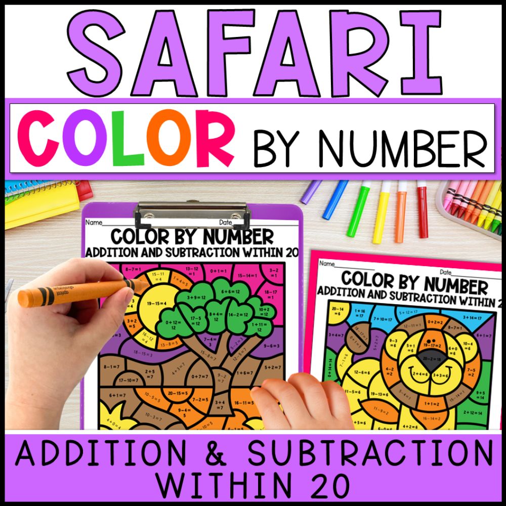 color by number addition and subtraction within 20 - safari theme cover