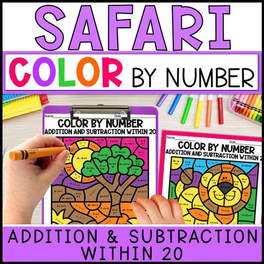 color by number addition and subtraction within 20 - safari theme cover