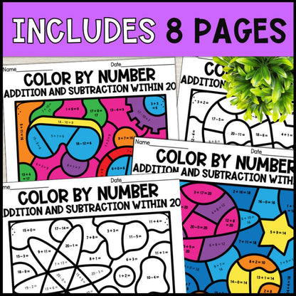 color by number addition and subtraction within 20 - science 8 pages