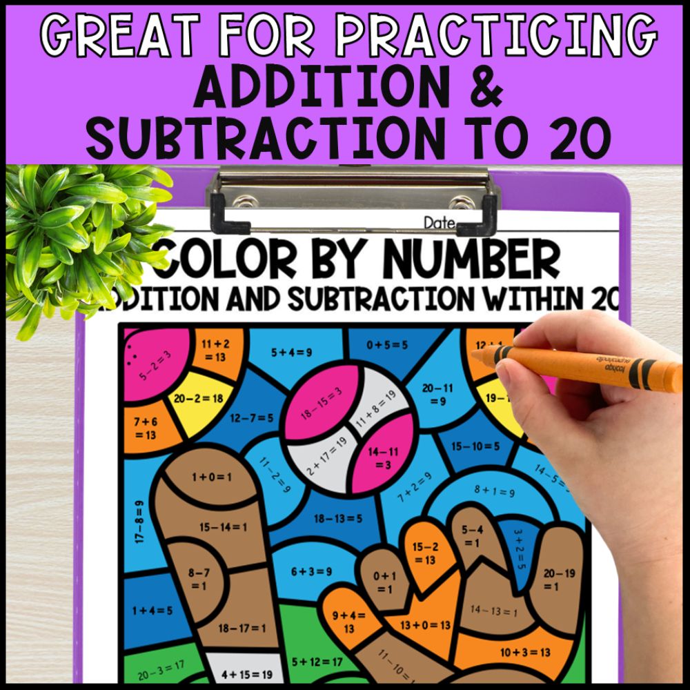 color by number addition and subtraction within 20 - sports theme