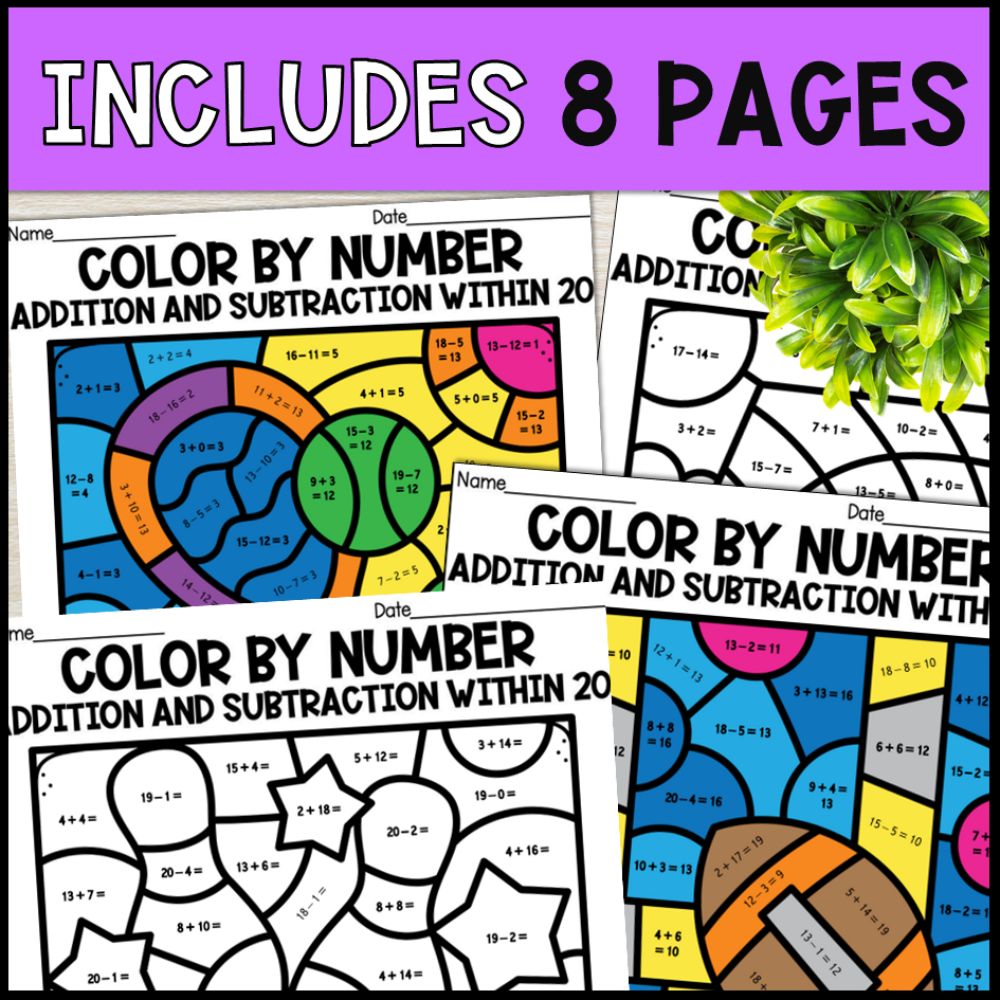 color by number addition and subtraction within 20 - sports theme 8 pages