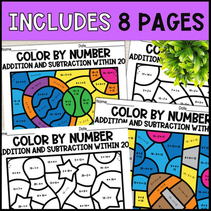 color by number addition and subtraction within 20 - sports theme 8 pages