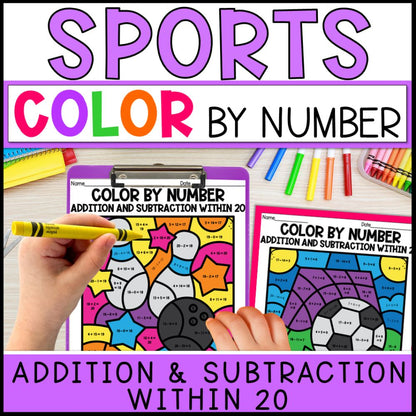 color by number addition and subtraction within 20 - sports theme cover