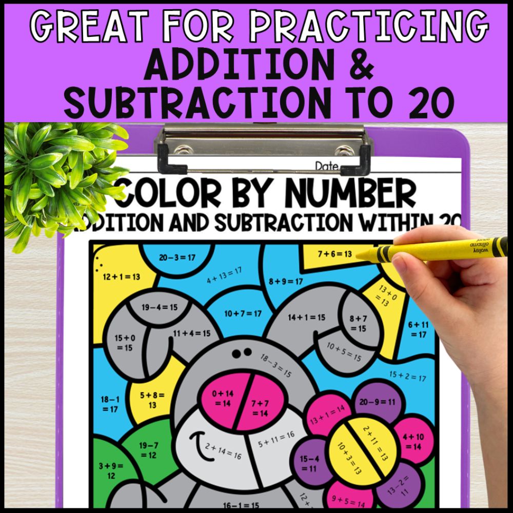 color by number addition and subtraction within 20 - spring