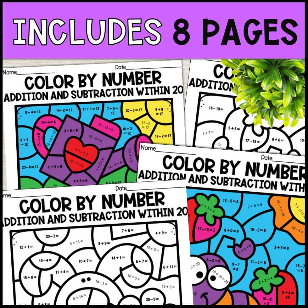 color by number addition and subtraction within 20 - spring 8 pages