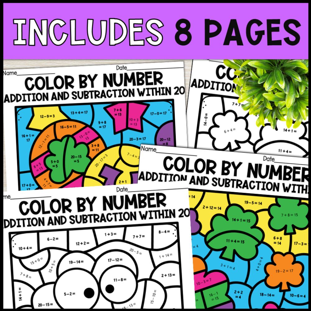 color by number addition and subtraction within 20 - st. patrick's day 8 pages