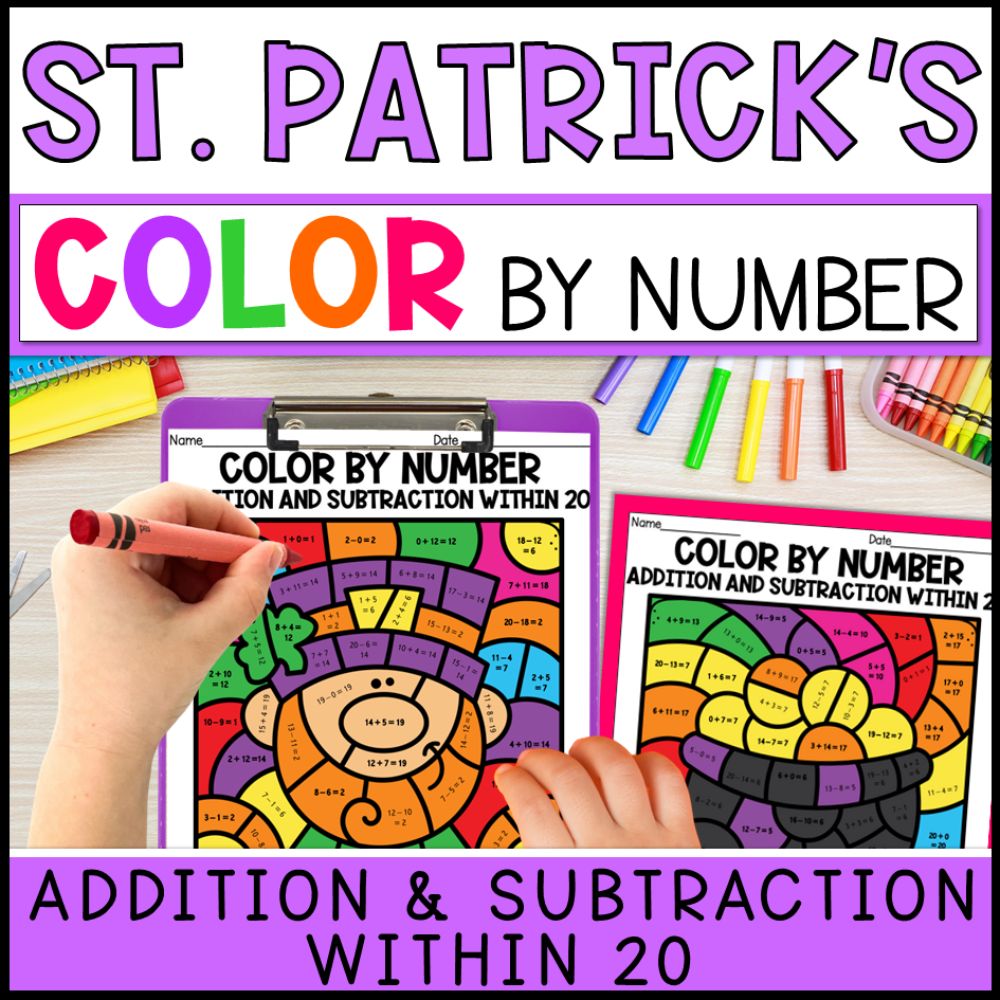 color by number addition and subtraction within 20 - st. patrick's day cover