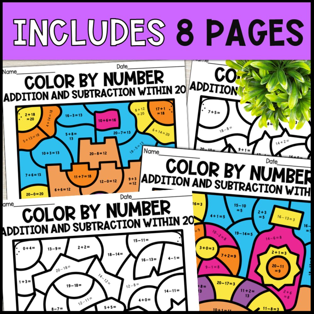 color by number addition and subtraction within 20 - summer theme 8 pages