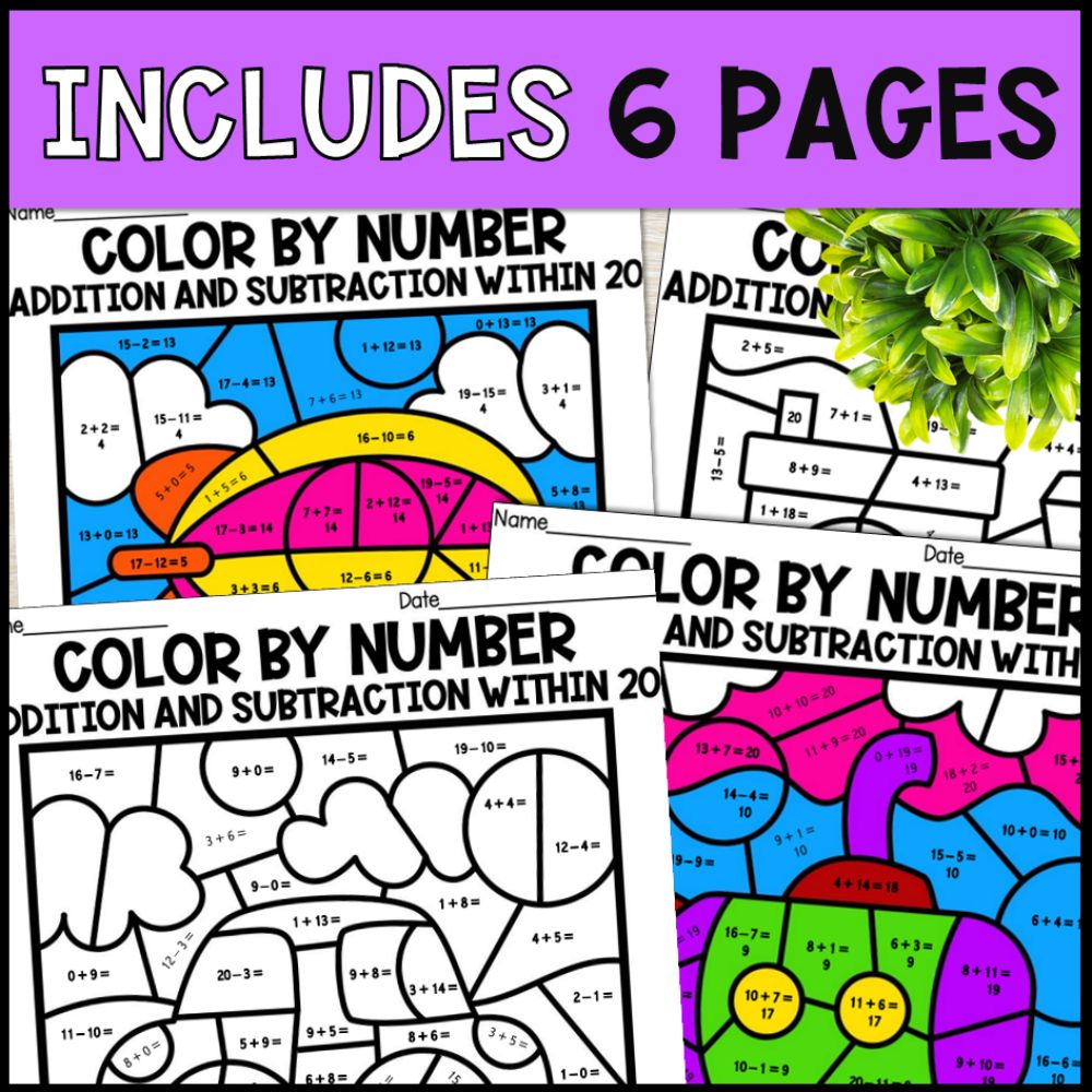 Color by Number Addition and Subtraction Within 20 - Transportation