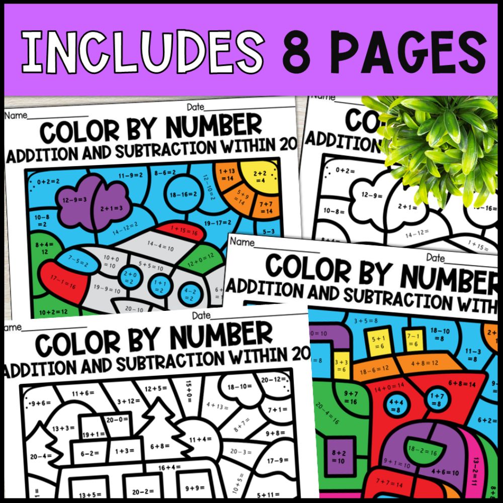 color by number addition and subtraction within20 - travel 8 pages