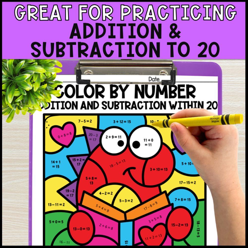 Color by Number Addition and Subtraction Within 20 - Valentines