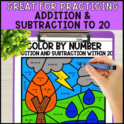 Color by Number Addition and Subtraction Within 20 - Weather