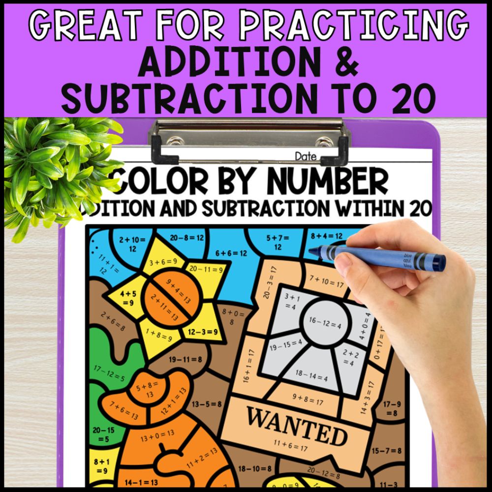 color by number addition and subtraction within 20 - western theme