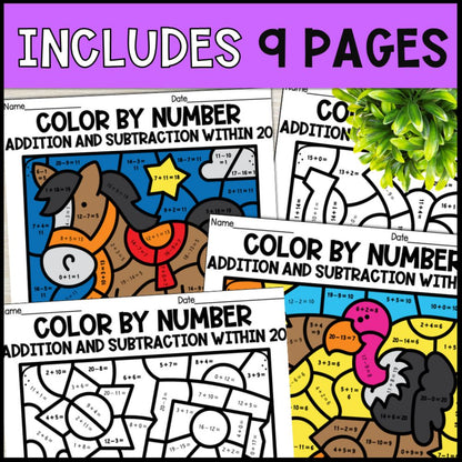 color by number addition and subtraction within 20 - western theme 9 pages