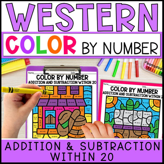 color by number addition and subtraction within 20 - western theme cover