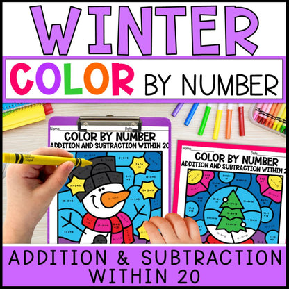 Color by Number Addition and Subtraction Within 20 - Winter