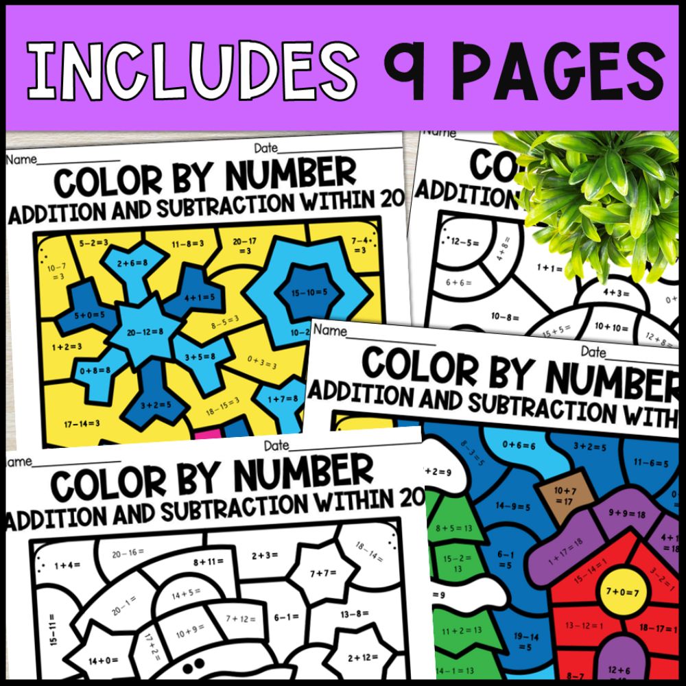 color by number addition and subtraction within 20 - winter theme 9 pages