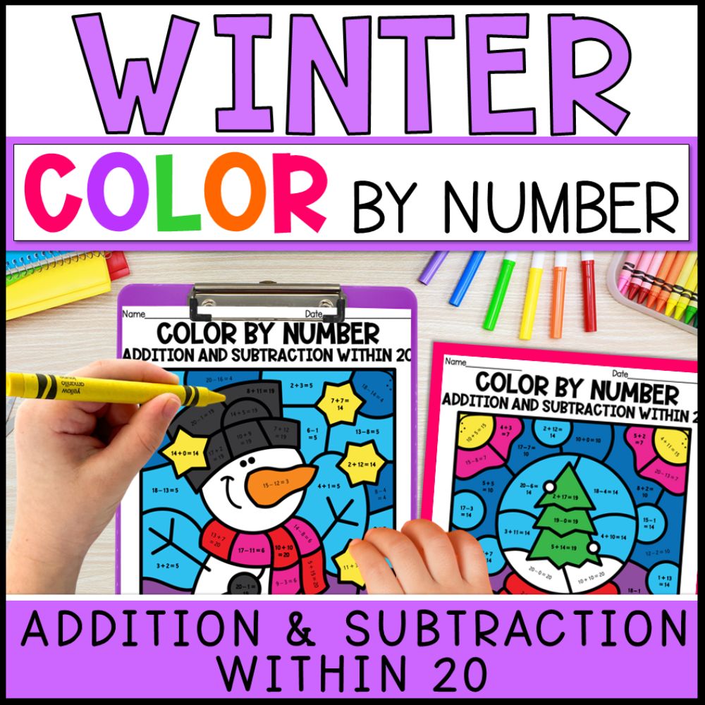 color by number addition and subtraction within 20 - winter theme cover