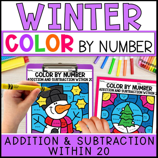 color by number addition and subtraction within 20 - winter theme cover