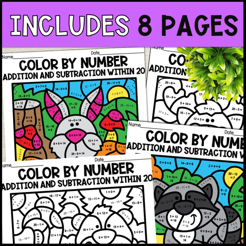 color by number addition and subtraction within 20 - woodland 8 pages