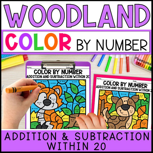 color by number addition and subtraction within 20 - woodland cover