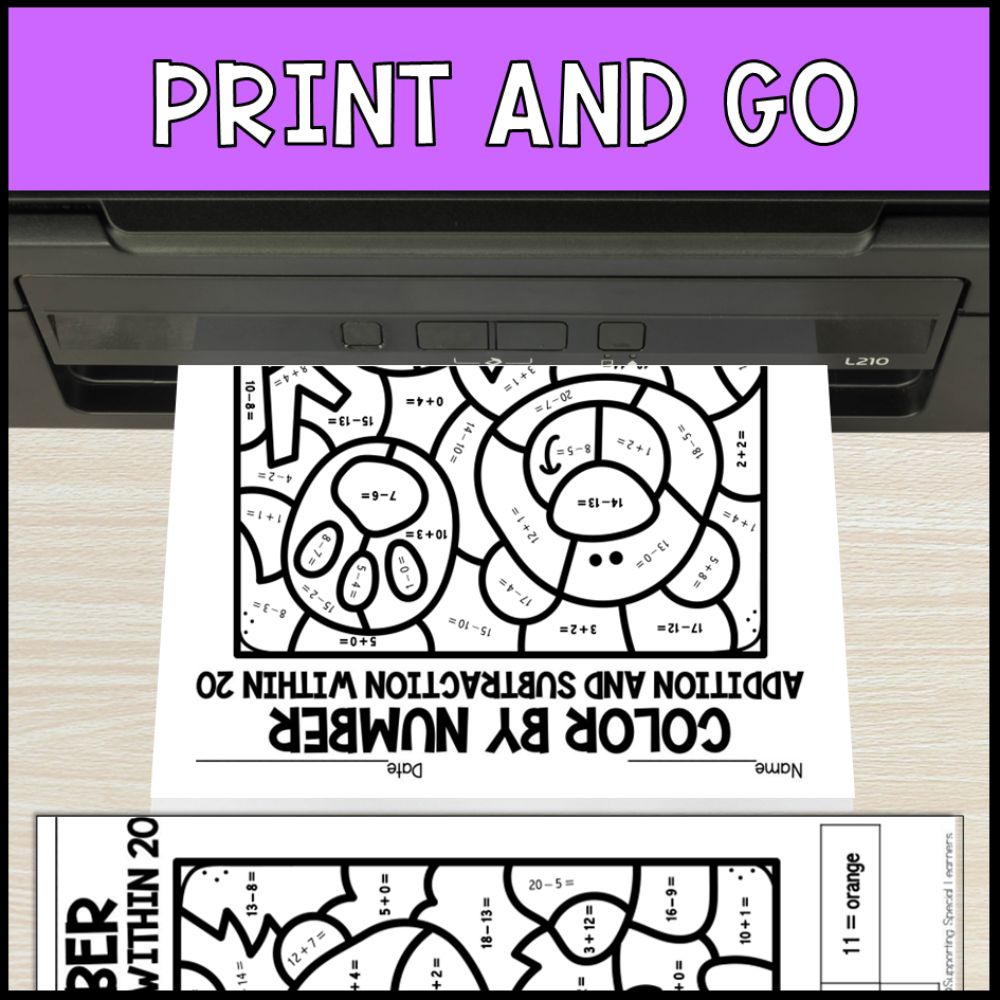 color by number addition and subtraction within 20 - woodland no prep