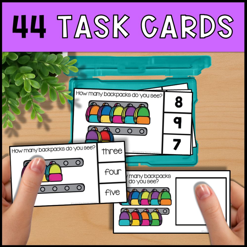 Counting Backpacks 0 to 10: Adapted Book, 44 Task Cards & File Folders