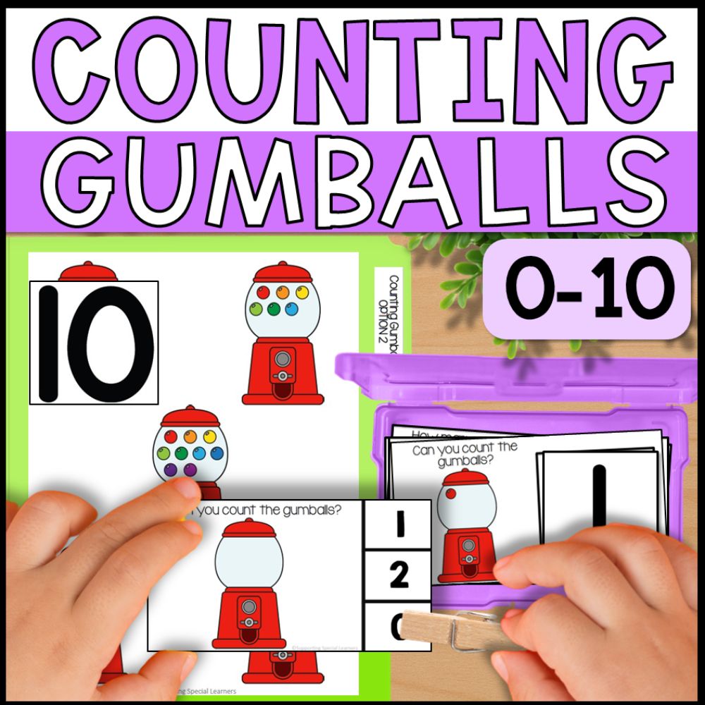 Counting Gumballs 0 to 10: Adapted Book, 44 Task Cards & File Folders