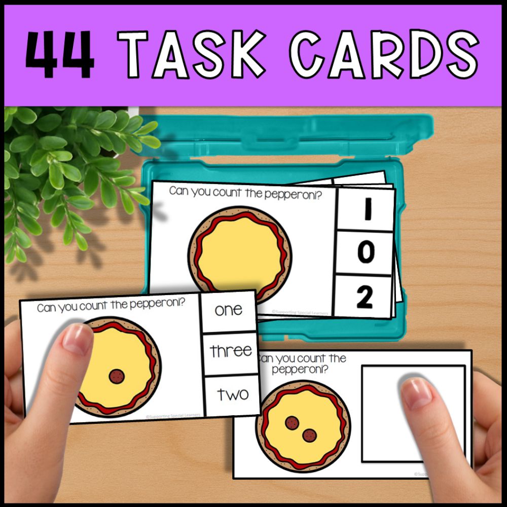 Counting Pepperoni 0 to 10: Adapted Book, 44 Task Cards & File Folders