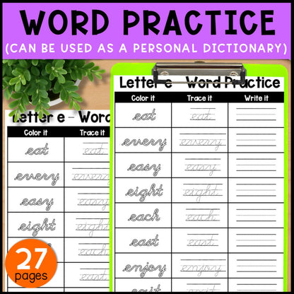 Cursive Handwriting Practice Pages: Upper & Lower Case Letters & Words