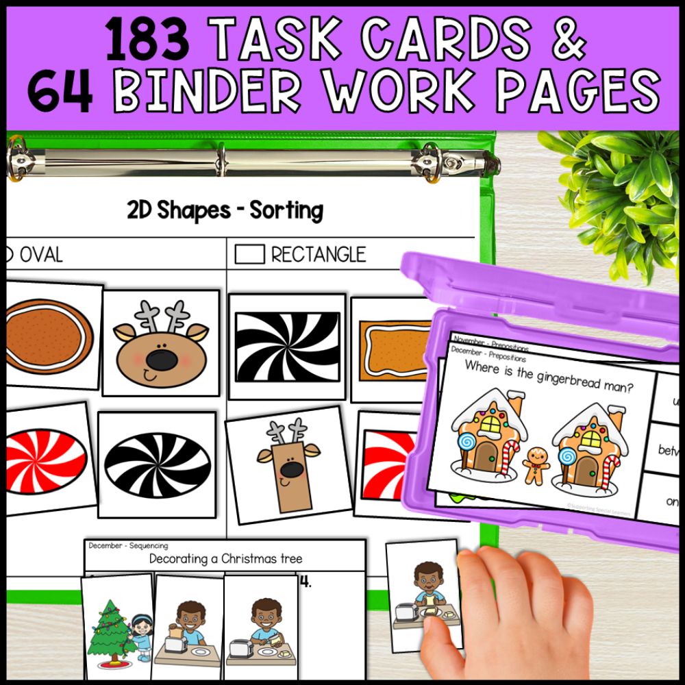 december special education basic concepts ela math worksheets task cards and binder work pages