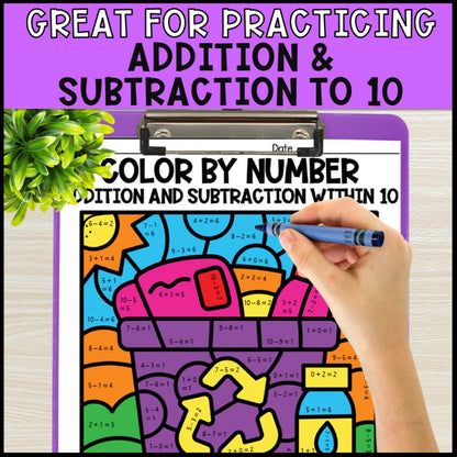 Earth Day Color by Number Addition and Subtraction Within 10