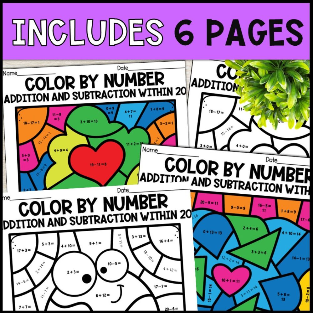earth day color by number addition and subtraction within 20 includes 6 pages