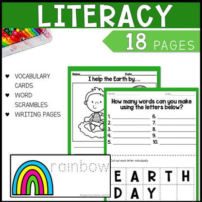 earth day math, literacy and art 18 literacy pages