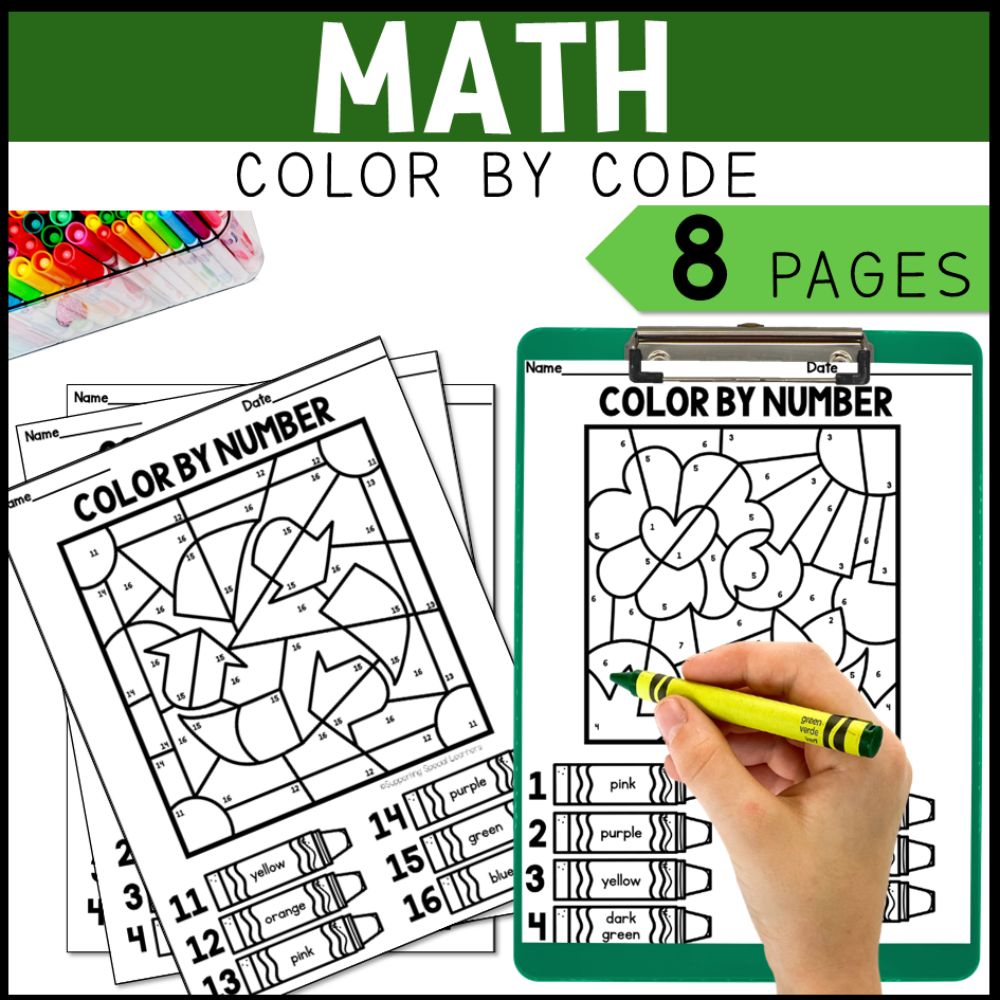 earth day math, literacy and art color by code