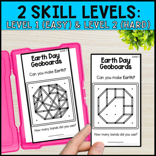 earth day geoboard task cards - special education 2 skill levels